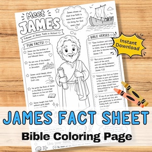 Puede incluir: Una página para colorear imprimible en blanco y negro titulada Meet James, con una ilustración central de James sosteniendo un pergamino, rodeada de secciones de texto que incluyen Fun Facts, Bible Verses y un barco, con una insignia de Instant Download.