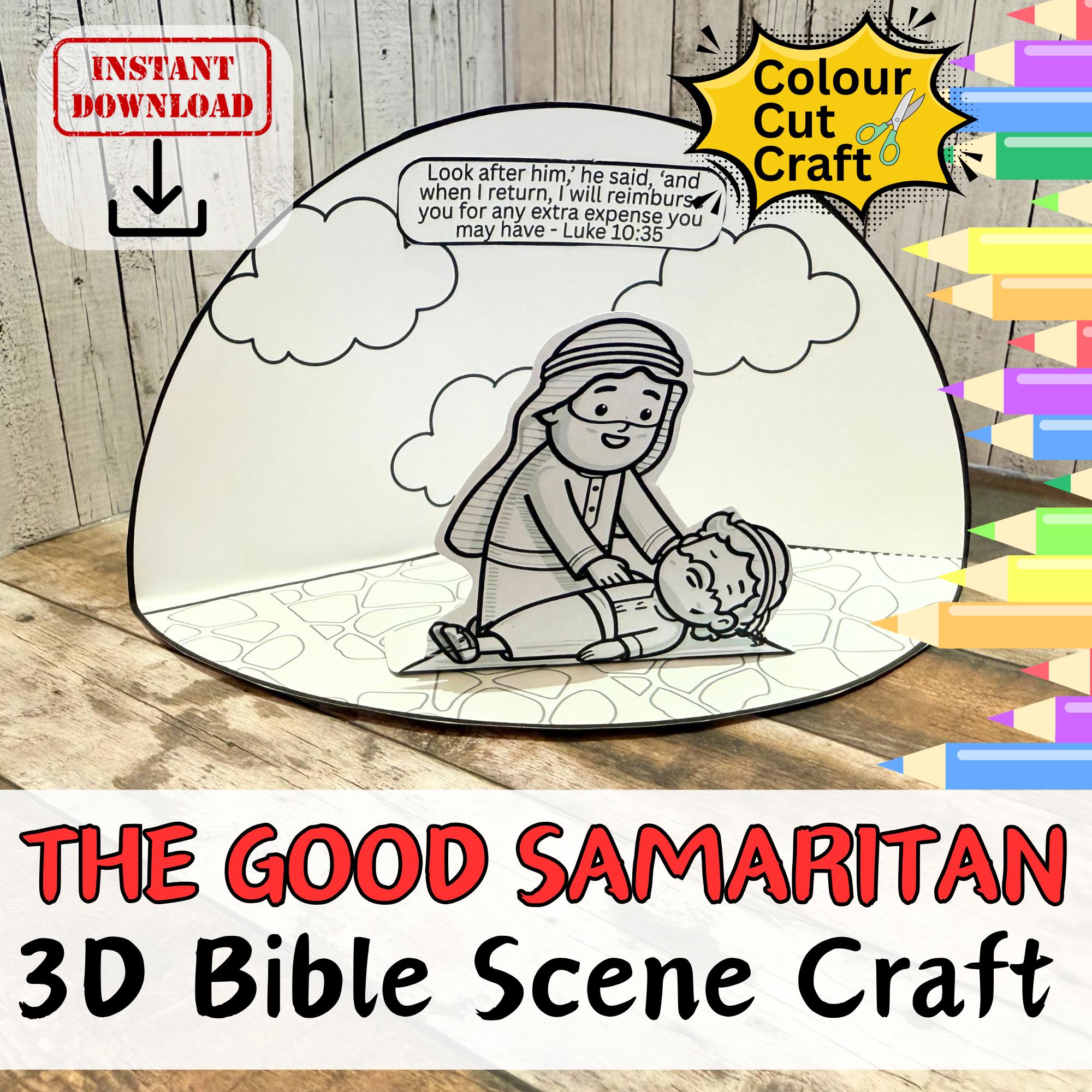 THE GOOD SAMARITAN Bible Story 3D Scene Paper Craft for Kids Sunday School Cut, fold stick Colouring Page Christian Printable Diy