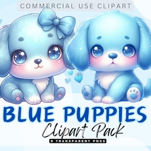 Pack de cliparts mignons chiots BLEU PASTEL. Journal indésirable pour chiens de compagnie, fabrication de cartes éphémères Transparent 300 dpi images PNG usage commercial Clip Art