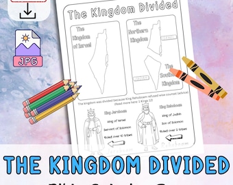 DIVIDED KINGDOM Israel & Judah Bible Lesson Coloring in Sheet Activity for kids. Sunday School Christian  Story Church Printable Craft Page