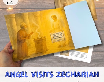 May include: A lift-the-flap craft featuring an illustration of an angel visiting Zechariah. The artwork depicts a biblical scene with text that reads "Your prayer is heard; your wife Elizabeth will bear you a son. Luke 1:13."