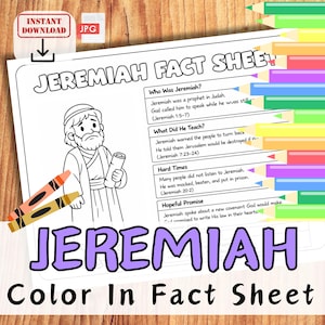 Pode incluir: Uma folha de fatos para colorir de Jeremias em preto e branco com o texto "Jeremiah Fact Sheet" e "Color In Fact Sheet". A folha inclui uma ilustração de desenho animado de Jeremias e fatos sobre seus ensinamentos. Dois lápis de cor estão no lado esquerdo.