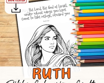 RUTH 聖書物語の登場人物の詩の塗り絵シート 子供、若者向けアクティビティ。日曜学校教会レッスンプラン。クリスチャン