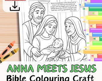 Prophetess ANNA Meets BABY JESUS in Temple. Bible Verse Coloring in Sheet Activity for kids. Sunday School Christian. Story Printable Craft