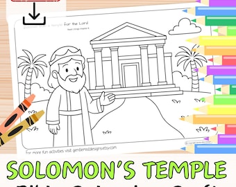 May include: Black and white coloring page featuring Solomon's Temple and a biblical figure. The image includes the text "Solomon's Temple Bible Colouring Craft" and "Instant Download". Two crayons are visible in the lower left corner.