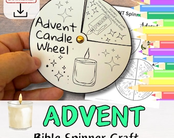 May include: A black and white Advent Candle Wheel craft with the words "Advent Candle Wheel" and "Bible Spinner Craft". The wheel has a candle illustration and the word "PEACE". A small candle is lit in the foreground.