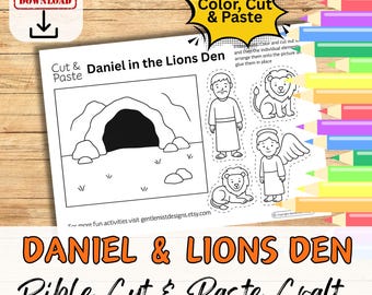 Puede incluir: Una manualidad bíblica imprimible "Daniel en el foso de los leones" para recortar y pegar. La ilustración en blanco y negro presenta a Daniel, leones y un ángel. El texto incluye "Descarga instantánea", "Colorear, cortar y pegar".