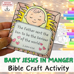 Puede incluir: Una colorida actividad de manualidades bíblicas con una ilustración de Jesús bebé en un pesebre. La imagen incluye el texto "El Padre envió al Hijo para ser el Salvador del mundo" y "1 Juan 4:14". Las palabras "Descarga instantánea" también son visibles.