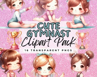Cute GYMNAST GIRL Clipart.  Gymnastics Junk Journal Card Making Graphics High Quality Transparent 300 dpi PNG images Commercial Use Clip Art