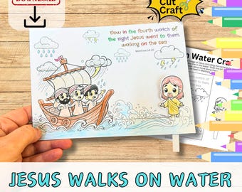 May include: A colorful illustration of Jesus walking on water, with a boat carrying several figures. The image includes text that reads "Jesus Walks on Water" and "Interactive Bible Craft". The artwork is designed for coloring and cutting.
