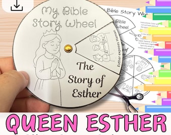 QUEEN ESTHER Bible Spinner Story Wheel Craft. Bible verse Sunday School Activity Lesson Plan Kids. Church Colouring page Homeschool