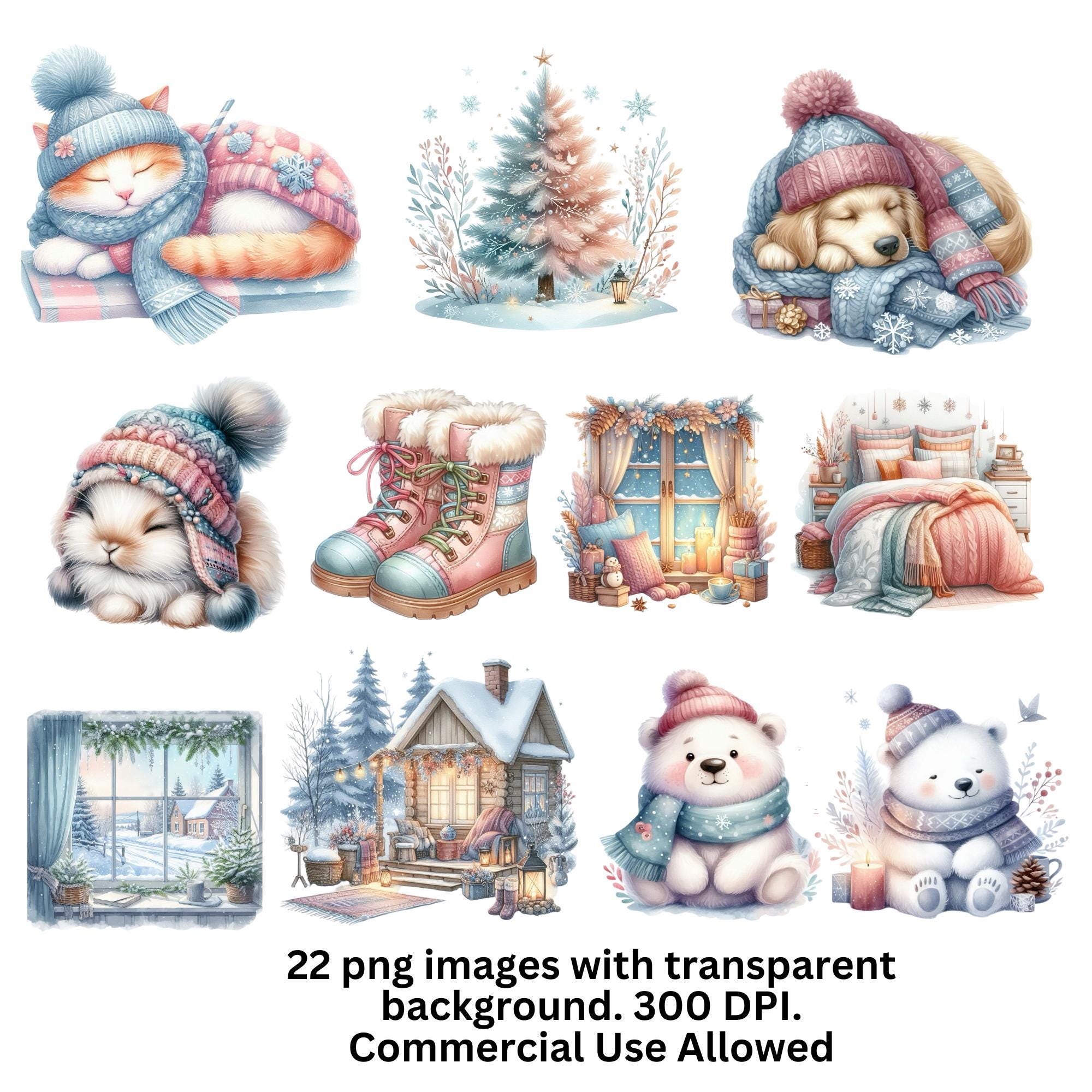 Cute COSY PASTEL WINTER Clipart Pack. Junk Journal Card Making High