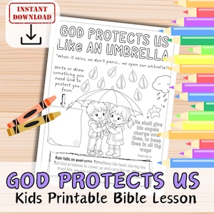 May include: A black and white printable Bible lesson for kids, featuring the text "GOD PROTECTS US Like AN UMBRELLA." The image includes illustrations of children under an umbrella, rain, and crayons. The words "INSTANT DOWNLOAD" are also visible.