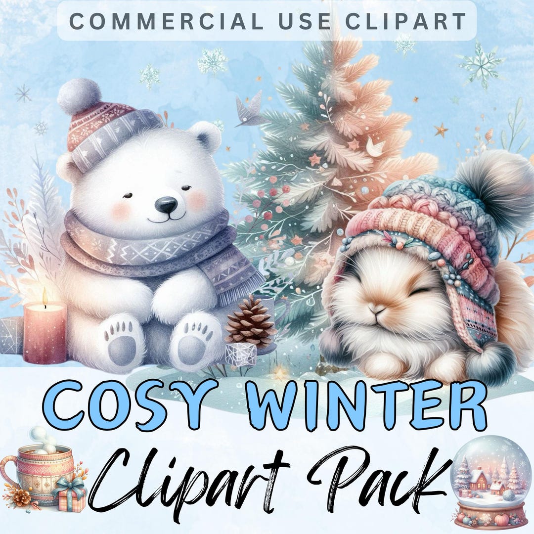 Cute COSY PASTEL WINTER Clipart Pack. Junk Journal Card Making High