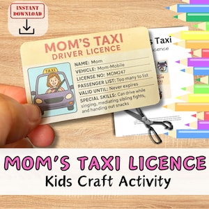 MOM'S TAXI: leuke nieuwigheid cadeaupapier knutselactiviteit voor kinderen om te maken voor verjaardag of kerstcadeau. Afdrukbaar autorijbewijs voor schattige moeder