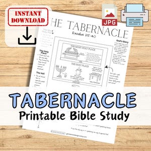 May include: Black and white printable Bible study sheet titled "The Tabernacle" with illustrations of the Ark of the Covenant, menorah, and table of showbread. Includes the text "Instant Download".