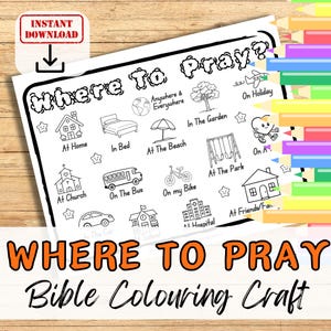 WHERE TO PRAY Colouring Sheet Activity for kids, youth. Sunday School Church Prayer Lesson plan. Christian Bible Verse - How To Pray