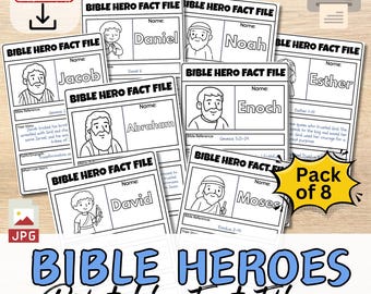 May include: A collection of eight printable Bible Hero Fact Files, each featuring a different biblical figure such as Daniel, Jacob, Noah, and Esther. The black and white cards include illustrations and space for notes. The image also includes the text "Instant Download" and "Pack of 8".