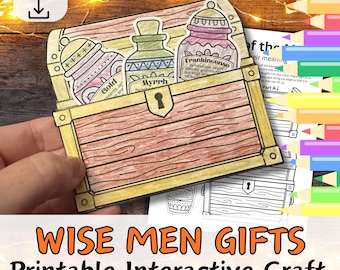 May include: A printable craft featuring a wooden treasure chest with three jars labeled "Gold", "Myrrh", and "Frankincense". The text "WISE MEN GIFTS Printable Interactive Craft" is displayed below the chest. An "INSTANT DOWNLOAD" icon is in the upper left.
