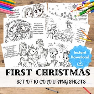 May include: A set of 10 black and white colouring pages featuring illustrations of the Nativity story. The illustrations include Mary, Joseph, baby Jesus, angels, shepherds, and a star. The text on the pages includes verses from the Bible.