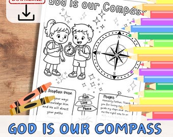 GOD is OUR COMPASS Lesson Activity. Sheet for Kids/Youth Bible Coloring in Page. Sunday School Christian Church Printable Craft Worksheet