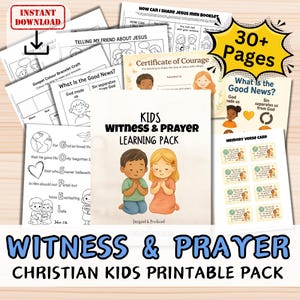 Pode incluir: Uma coleção de materiais educativos cristãos imprimíveis para crianças. A imagem apresenta uma capa com duas crianças de desenho animado rezando e inclui páginas com texto como "What is the Good News?" e "Certificate of Courage". As palavras "Download instantâneo" são visíveis.