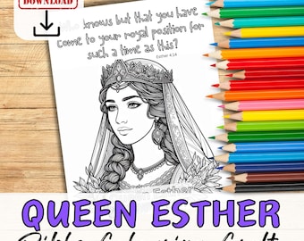 Puede incluir: Página para colorear en blanco y negro con la reina Ester de la Biblia. La imagen incluye una cita de Ester 4:14, "...sabe que has llegado a tu posición real para un tiempo como este?"