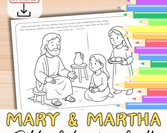 May include: Black and white line art coloring page featuring Jesus with Mary and Martha. The text reads "Mary & Martha Bible Colouring Craft" and includes a Bible verse. A red and white "Instant Download" icon is in the upper left corner.