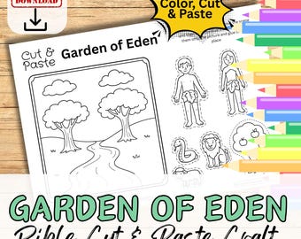 May include: A printable Garden of Eden Bible cut and paste craft for kids. The black and white printable features a scene from the Garden of Eden with Adam and Eve, a snake, a lion, and a tree with an apple. The printable includes instructions to color, cut, and paste the characters and objects onto the scene.