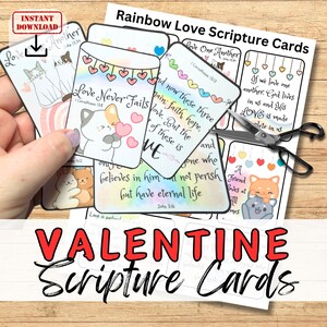 May include: A set of printable Valentine's Day cards featuring colourful rainbow backgrounds and cute cartoon animals. The cards include Bible verses about love, such as "Love Never Fails" and "Love One Another".