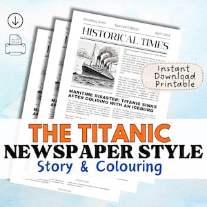 TITANIC MARITIME DISASTER Krantenartikel en kleurplaat voor kinderen. Afdrukbare les schoolgeschiedenis onderwijsgeschiedenis