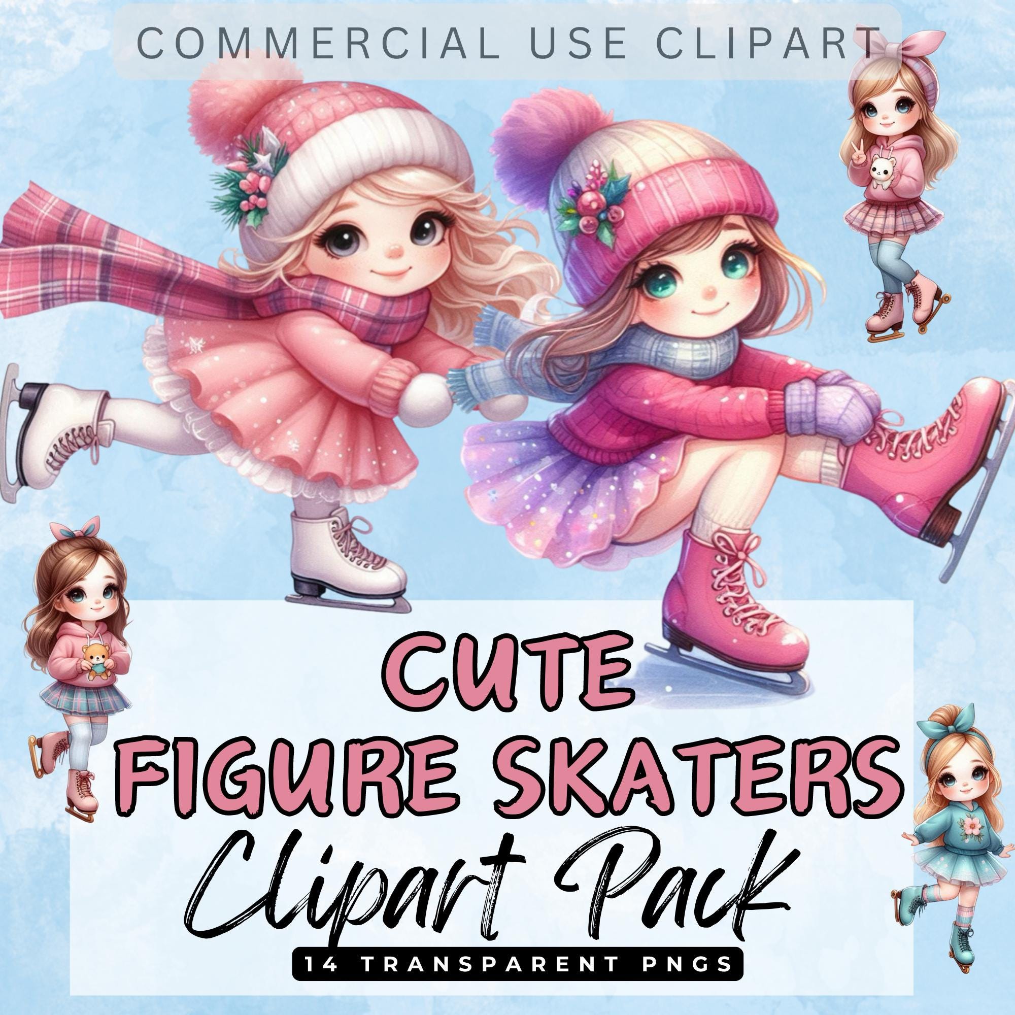 Cute FIGURE SKATER GIRLS Clipart. Ice Skating Junk Journal Card Making Transparent 300 dpi Png Digital images Commercial Use Clip Art