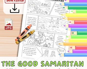 May include: A black and white comic strip titled "The Good Samaritan" with illustrations of the biblical story. Two crayons, orange and yellow, are placed on the page. The words "Instant Download" and "JPG" are also visible.