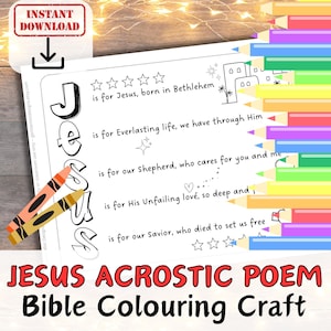 JESUS ACROSTIC POEM Colouring Sheet Activity for kids, youth. Sunday School Bible Lessons Christian Printable Coloring in Craft Page