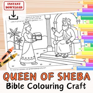 QUEEN of SHEBA & King SOLOMON Bible Verse Coloring in Sheet Activity for kids youth Sunday School Christian Story Printable Craft Page