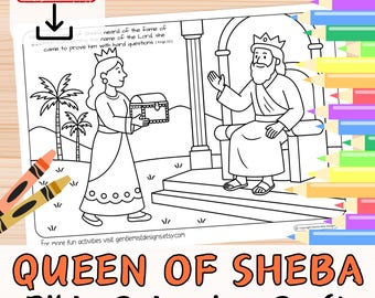 QUEEN of SHEBA & King SOLOMON Bible Verse Coloring in Sheet Activity for kids youth Sunday School Christian Story Printable Craft Page