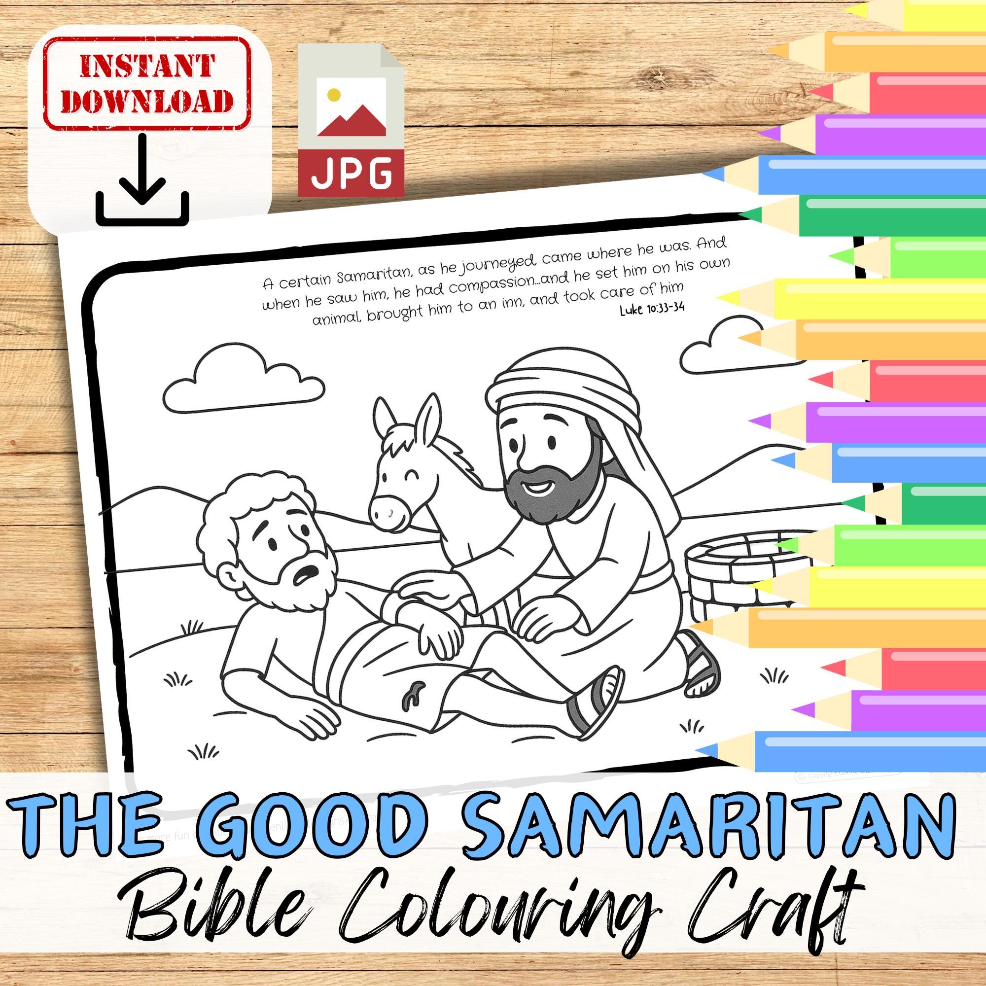 THE GOOD SAMARITAN Bible Verse Coloring in Sheet Activity for Kids ...