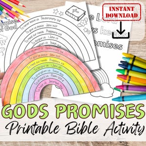 May include: A printable Bible activity for children featuring a rainbow with verses about God's promises. The rainbow is outlined in black and has a white cloud at the bottom. The text includes verses from the Bible, such as "To never leave us Deuteronomy 31:8" and "To give us peace John 14:27".
