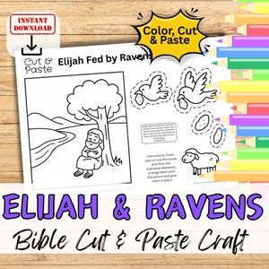 Attività di bricolage biblico con carta "ELIJAH & RAVENS" per bambini. Kit fai da te stampabile e ritagliabile per la scuola domenicale/chiesa/gruppo giovani/homeschooling.