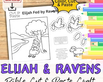 ELIJAH & RAVENS Bible Paper Craft Activity for Kids. Printable DIY Cut Paste Kit Sunday School/ Church Youth group/Homeschool Lesson Plan