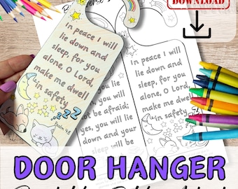 May include: A printable door hanger coloring page featuring a cute cartoon cat and a moon. The page includes the Bible verse "In peace I will lie down and sleep, for you alone, O Lord, make me dwell in safety."  Psalm 4:8
