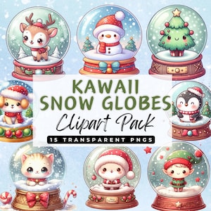 Paquete de imágenes prediseñadas navideñas de bolas de nieve KAWAII. Tarjetas para diario basura. Imágenes PNG transparentes de alta calidad de 300 ppp. Clip art para uso comercial.