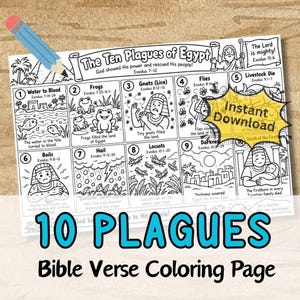 May include: A black and white printable colouring page titled The Ten Plagues of Egypt, featuring ten numbered illustrations depicting biblical events, with a blue pencil in the corner and a yellow starburst graphic labelled Instant Download.