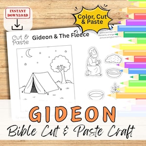 Può includere: Un foglio di attività in bianco e nero "Cut & Paste" con il testo "Gideon & The Fleece". Il foglio include illustrazioni di una tenda, un albero, la luna, stelle e un uomo in preghiera. Sono visibili anche le parole "GIDEON Bible Cut & Paste Craft".