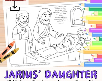 JARIUS’ DAUGHTER HEALED By Jesus  Bible Verse Coloring in Sheet Activity for kids, youth. Sunday School Christian. Story Printable Craft