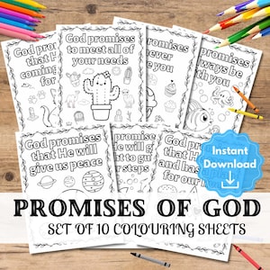 Puede incluir: Un conjunto de 10 páginas para colorear en blanco y negro con diferentes ilustraciones y versículos bíblicos sobre las promesas de Dios. El texto incluye frases como "Dios promete satisfacer todas tus necesidades" y "Dios promete que nos dará paz".
