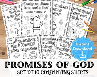 May include: A set of 10 black and white coloring pages featuring different illustrations and Bible verses about God's promises. The text includes phrases like "God promises to meet all of your needs" and "God promises that He will give us peace".
