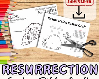 May include: A printable Easter craft for kids featuring a coloring page with a tomb and crosses. The text on the page reads "He is not here, for HE IS RISEN, said." and "I am ALIVE forevermore".