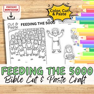 Attività di carta per bambini con la storia biblica "NUTRIRE I 5000". Kit stampabile "Miracolo da ritagliare e incollare" per la scuola domenicale/gruppo giovanile/scuola parentale.