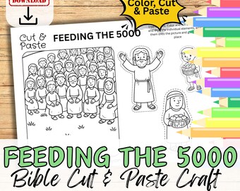 Könnte beinhalten: Ein schwarz-weiß druckbares Bastelprojekt mit dem Titel "FEEDING THE 5000" mit Illustrationen von Menschen, Jesus und Körben mit Essen. Der Text "Color, Cut & Paste" befindet sich in einer gelben Explosion, und "Instant Download" befindet sich in einer roten Box.